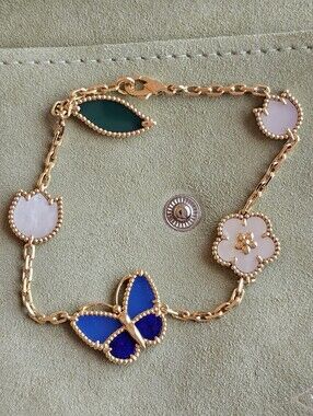 Van Cleef & Arpels Gold 18k LAPIS LASULI Butterfly & MOP Charm Bracelet NEW VCA